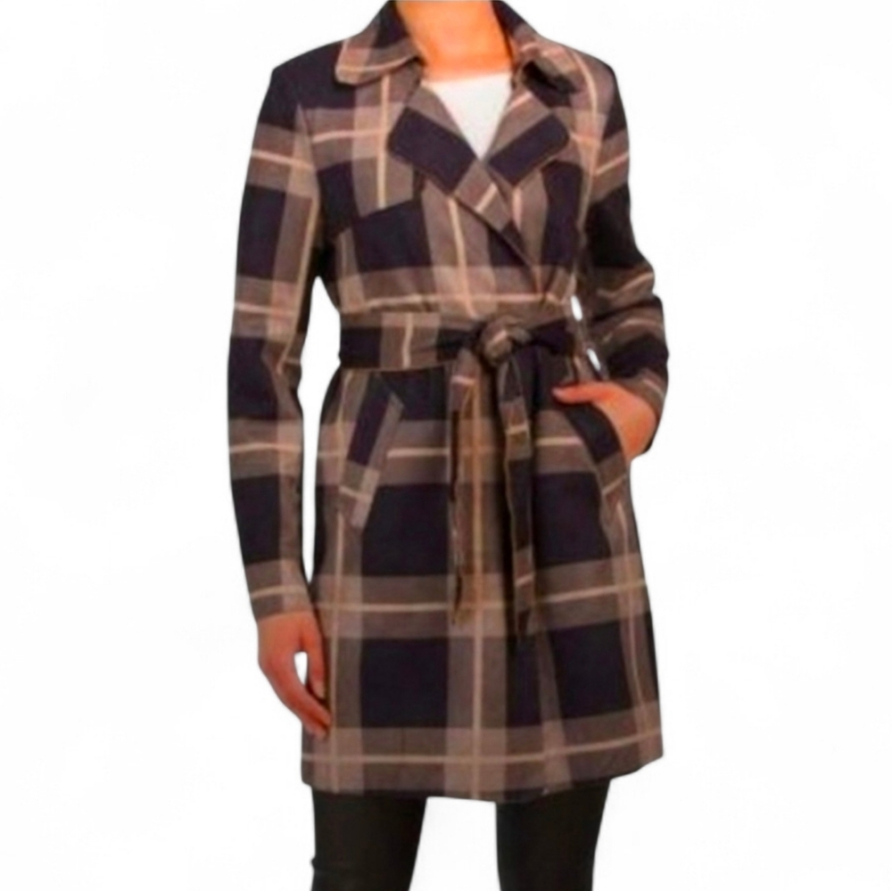 SOLITAIRE Faux Suede Plaid Belted Trench Coat - Medium
